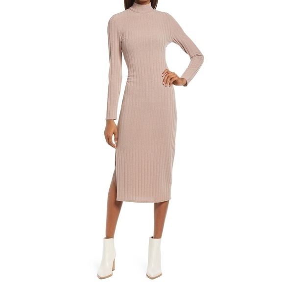 NWT FLORET STUDIOS Twist Back Long Sleeve Ribbed Sweater Dress in Mocha - Picture 1 of 4